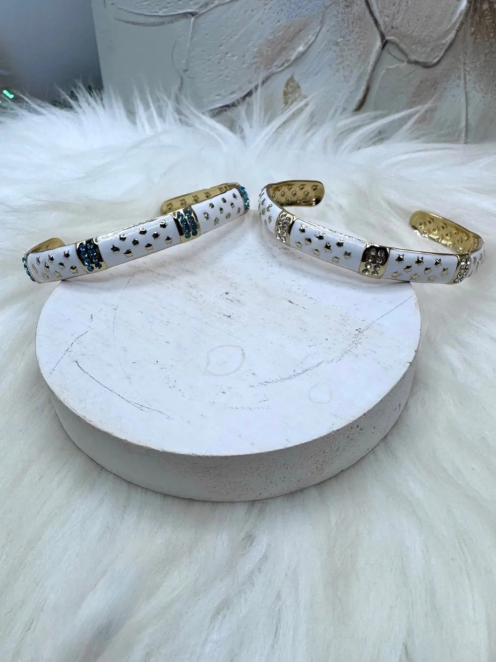 White Enamel Gold-Tone Cuff Bracelet Set– Blue & Clear Rhinestones